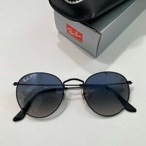 RayBan Round Metal, Polarized Blue Gradient Gray Lenses, Black Frame Sunglasses